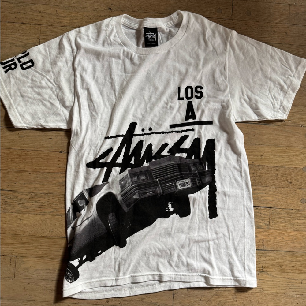 Stussy White Tee with Black Car Design